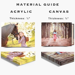 May include: Material guide for acrylic and canvas prints. Acrylic prints are 3 mm thick, and canvas prints are 19 mm thick. The acrylic print features a girl with a horse, and the canvas print shows a woman in a forest. The text "MATERIAL GUIDE" is at the top.