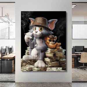 May include: A framed artwork featuring a cartoon cat and mouse character, both wearing hats and sunglasses, surrounded by stacks of money. The cat is smoking a cigarette, with smoke rising. The background is black.