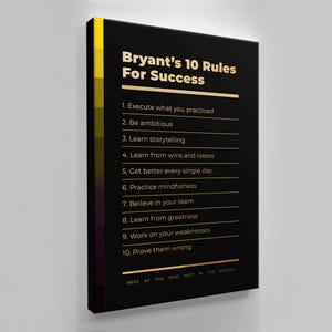 Bryant&#39;s Rules For Success Acrylic Wall Art Mindset Print, Gym Poster, Kobe Bryant Legendary Basketball Mentality Success Canvas Large Print