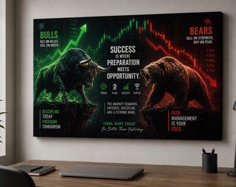 May include: A canvas print featuring a bull and a bear facing each other, symbolizing market forces. The bull is green, and the bear is brown. Text includes "Bulls" and "Bears" with financial advice and the phrase "Success is where preparation meets opportunity."