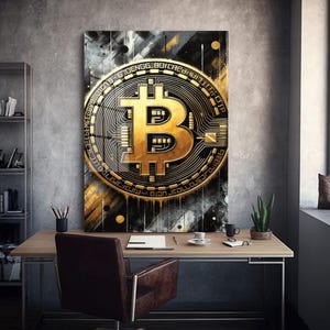 May include: A gold Bitcoin symbol on a canvas print. The artwork features a detailed design of the cryptocurrency symbol against a black and gray background with gold accents. The print is displayed in a modern office setting.