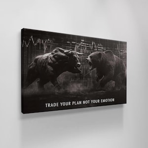 May include: Black and white canvas art showing a bull and a bear in a confrontation, with stock market data in the background. The text "TRADE YOUR PLAN NOT YOUR EMOTION" is at the bottom.