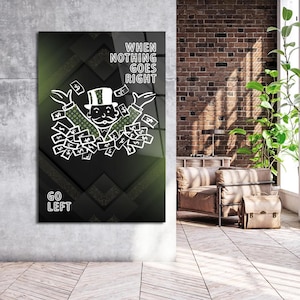 Go Left Monopoly Canvas Wall Art Inspirational Acrylic Glass Effect Art Office Wall Art Large Canvas Motivational Alec Monopoly Art