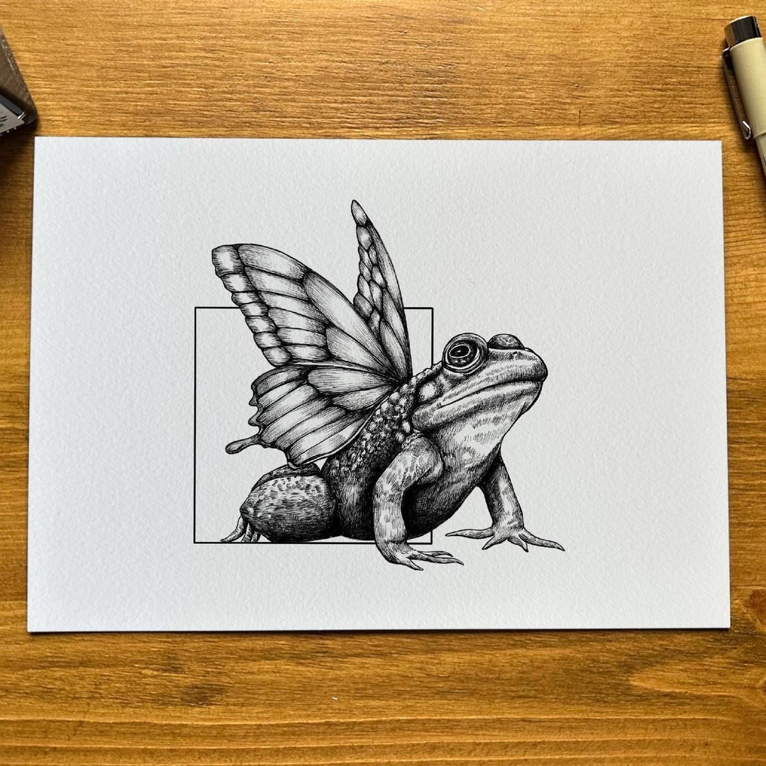 Pen & Ink Frog With Butterfly Wings Art Print, A5/A4, Black and White ...