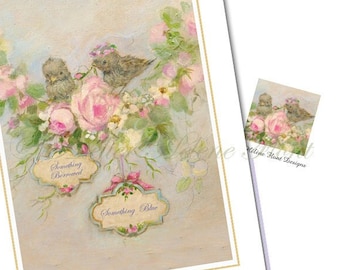 Reproduction peinture, print  Mariage   Something Blue .... Guirlande de roses Fleurs fleurs Oiseaux Guirlande Tag  © Helene Flont Designs