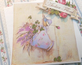 ART PRINT Card Clover Bird Blue-Tit Lavender Wild Flower Bouquet Tea Cup Limoges Blue China....© Helene Flont Designs