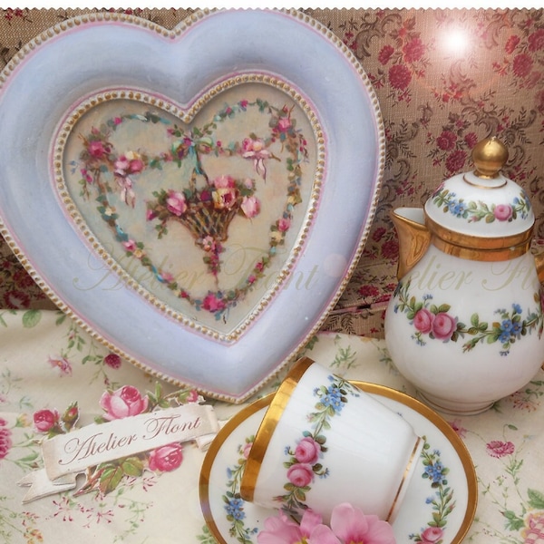 Série Coeur Fête des mères  Maman  Ornement au panier de  roses en guirlande et ruban Peinture sur bois  Cadre rehaussé  ©HelenFlont Designs