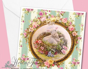 shabby chic cottage Carte Pâques Bebe Agneau Naissance Impression Mouton  tableau Nid Cadre rond fleurs Couronne © Atelier Flont designs