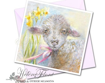 EASTER CARD Country chic French cottage Pâques Peinture Bébé Agneau Jonquilles Ruban Rose Fête Naissance Cadeau  © Hélène Flont Designs