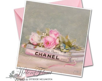 PRINT Carte impression Haute Couture Chanel peinture   Paris  Mesange Oiseau Roses anciennes  © Helene Flont Designs