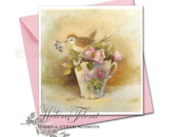 Card, Art print , Limoges tea cup, roses, lilac , blackberries, autumn after an original painting © Hélène Flont Designs