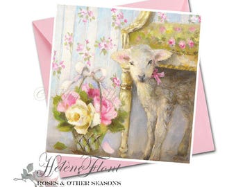 PRINT Carte Pâques Naissance  Impression Peinture Bébé Agneau Mouton Trianon Fleurs Panier Mouton  © Helene Flont Designs