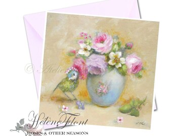 ART PRINT Card  Country chic The Shy Blue Tit Tag Roses wreath Spring Rose painting Bouquet Bliss Victoria Easter © Hélène Flont Designs