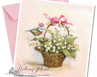 PRINT Carte 1er Mai Muguet Bouquet Porte-Bonheur Campagne Panier  Porte Bonheur Ruban rose Oiseau Fleurs Peinture © Hélène Flont Designs