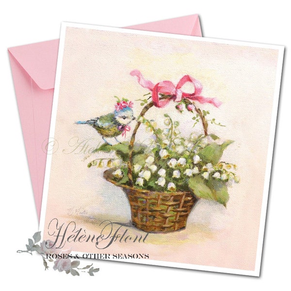 PRINT Carte 1er Mai Muguet Bouquet Porte-Bonheur Campagne Panier  Porte Bonheur Ruban rose Oiseau Fleurs Peinture © Hélène Flont Designs