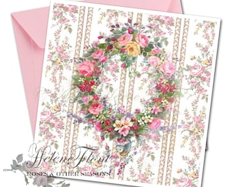 PRINT Carte Impression Vintage fabric style - Couronne de roses Marie-Antoinette Fleurs Rayures Oiseau + 2tags © Helene Flont Designs