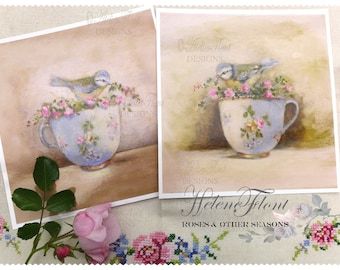 ART PRINT DUO Cartes impression voeux, d'après peinture - Oiseau, tasse Sevres, porcelaine, Limoges, roses miniatures © Hélène Flont Designs