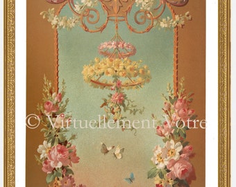 Floral Aubusson Print -Antique Fire Screen Fan 300 dpi-High resolution digital scan ©Virtuellement Votre