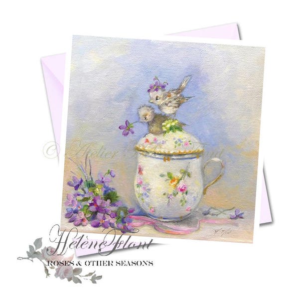 Carte Impression tableau voeux d'après peinture - Bébé moineaux , Crémier Sèvres , porcelaine,  Bouquet de violettes © Helene Flont Designs