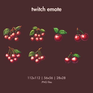 Peut inclure: Un ensemble de six émoticônes Twitch représentant des cerises rouges avec des feuilles vertes. Les émoticônes sont disponibles en trois tailles : 112 x 112, 56 x 56 et 28 x 28 pixels. Les émoticônes sont au format PNG.