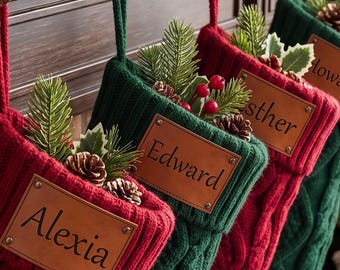 2026 Personalized Engraved Leather Patch Christmas Stocking, Knit Christmas Family Stockings for Kids and Pets, Xmas Home Decor