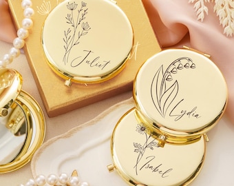 Custom Engraved Compact Mirror, Personalized Birth Flower Compact Mirror, Bridesmaid Gifts Pocket Makeup Mirror, Birthday Gift, Gift for Her