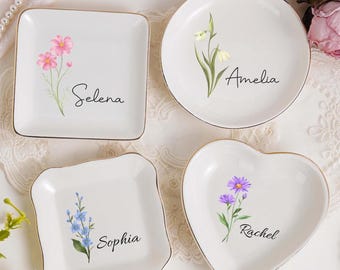 Personalized Birth Flower Ring Dish,Birthday Jewelry Dish,Birthday Gift for Her,Custom Jewelry Holder,Christmas Gift,Wedding Bridesmaid Gift