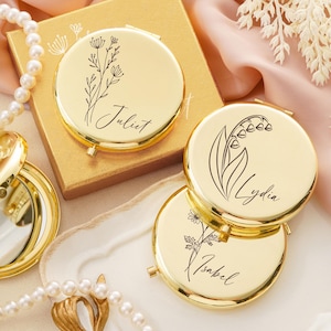 Custom Engraved Compact Mirror, Personalized Birth Flower Compact Mirror, Bridesmaid Gifts Pocket Makeup Mirror, Birthday Gift, Gift for Her