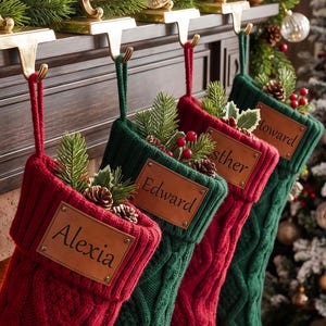 2026 Personalized Engraved Leather Patch Christmas Stocking, Knit Christmas Family Stockings for Kids and Pets, Xmas Home Decor