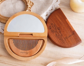 Specchietto pieghevole personalizzato con pettine, set di pettine e specchio in legno, specchietto compatto da viaggio inciso, set di pettini tascabili personalizzati, regali per damigelle d'onore