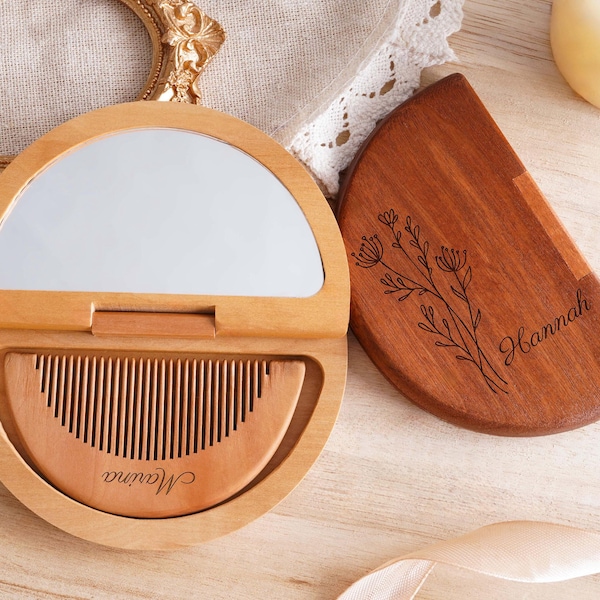 Personalized Folding Mirror with Comb, Engraved Wooden Mirror Comb Set, Travel Compact Mirror