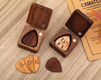 Púas de guitarra de madera personalizadas con estuche, caja de púas personalizada, púas de guitarra grabadas, regalo de Navidad para guitarrista, regalo para guitarrista