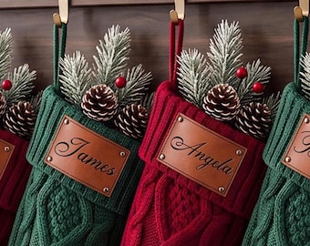 2026 Personalized Knitted Christmas Stocking, Engraved Leather Patch Family Christmas Stockings, Xmas Gift, Holiday Decor