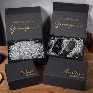 Gepersonaliseerde stalknecht geschenkdoos magnetisch, zwarte lege geschenkdoos, op maat gemaakte getuige opvouwbare geschenkdoos, stalknecht voorsteldoos, geschenkdoos bruiloft