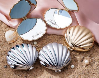 Seashell Compact Mirror Personalized, Custom Pocket Makeup Mirror, Bridesmaid Gift, Beach Wedding Favor