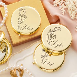 Personalized Birth Flower Compact Mirror, Bridesmaid Gift Engraved Makeup Pocket Mirror