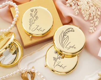 Personalized Birth Flower Compact Mirror, Bridesmaid Gift Engraved Makeup Pocket Mirror