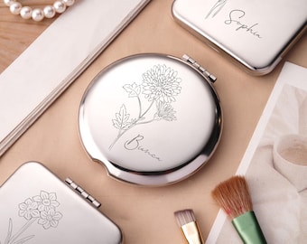 Engraved Silver Compact Mirror, Custom Floral Name Pocket Mirror, Bridesmaid Gift