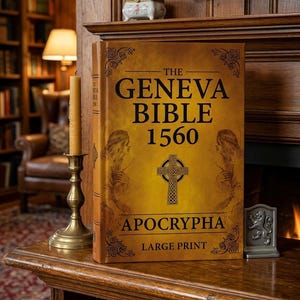 May include: A tan-colored book titled The Geneva Bible 1560 Apocrypha Large Print. The cover features black text, a central Celtic cross, and two illustrated figures on either side. Decorative floral corner accents frame the title and text.