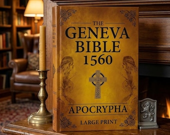 May include: A tan-colored book titled The Geneva Bible 1560 Apocrypha Large Print. The cover features black text, a central Celtic cross, and two illustrated figures on either side. Decorative floral corner accents frame the title and text.