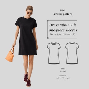May include: A woman wearing a black mini dress with short sleeves and a small orange handbag. The image also includes a PDF sewing pattern for a mini dress with one-piece sleeves, designed for a height of 5'3" (160 cm). The pattern sizes range from XS to 3XL.