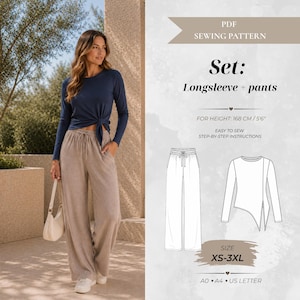 May include: A PDF sewing pattern for a set including a long-sleeve top and pants. The top is navy blue with a side tie, and the pants are light brown with a drawstring waist. The text includes Set: Longsleeve + pants, For height: 168 cm / 5'6", and Size XS-3XL.