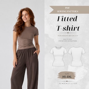 Könnte beinhalten: Ein PDF-Schnittmuster für ein eng anliegendes T-Shirt. Das Bild zeigt den Text "PDF SEWING PATTERN Fitted T-shirt FOR HEIGHT: 160 CM / 5'3" EASY TO SEW STEP-BY-STEP INSTRUCTIONS SIZE XS-3XL A0 A4 US LETTER" sowie technische Strichzeichnungen.
