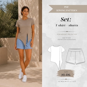 Puede incluir: Un patrón de costura en PDF para un conjunto de camiseta y pantalones cortos. La camiseta es de color topo con una abertura frontal y dobladillo asimétrico, combinada con pantalones cortos azul claro. Incluye dibujos técnicos, tallas XS-3XL y altura 176 cm.