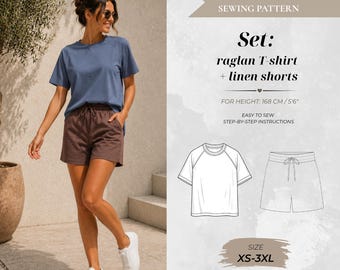 Set: Raglan T-Shirt Linen Shorts Sewing Pattern – Standard Fit (Instant Download)