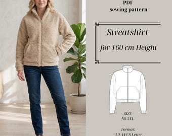 Petite Zip Up Hoodie Sewing Pattern, Women's Zipper Jacket PDF (Instant Download)