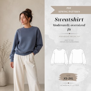 Könnte beinhalten: Ein PDF-Schnittmuster für ein Sweatshirt mit moderat oversized Passform. Das Dokument enthält technische Strichzeichnungen der Vorder- und Rückseite, die Größen XS-3XL sowie Anleitungen für eine Körpergröße von 160 cm. Kompatibel mit A0, A4 und US Letter.