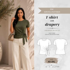 Peut inclure: Un patron de couture PDF pour un t-shirt avec drapé, présentant un haut vert olive à manches courtes avec un détail noué sur le côté. Le graphique inclut des dessins techniques du devant et du dos, avec les tailles XS-3XL et les formats.