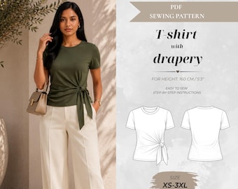 Draped Waist T-Shirt Sewing Pattern – Petite Fit 160 cm (Instant Download)