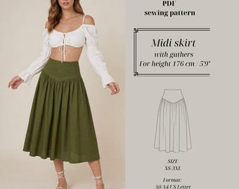 TALL 176 cm Gathered Midi Skirt - Beginner Sewing - Women Sewing Patterns PDF Digital Download